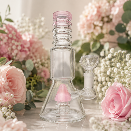 Milky Pink Stratos Tri Cone Percolator Glass Water Pipe 14mm 7 inch