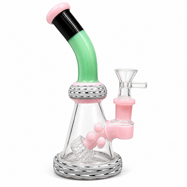 Pink Mint Black Wave Glass Water Pipe Cage Percolator Bent Neck 9 inch