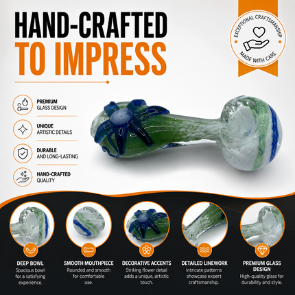 Green Meadow Glass Spoon Pipe 4 Inch Blue Flower Accent Hand Pipe