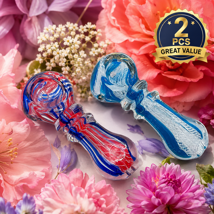 [2PC Bundle] Berry Ice Glass Hand Pipes Red Blue Aqua Swirl 3 Inch
