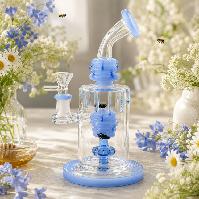 Blue Beehive Percolator 14mm Glass Bong with Bent Neck - 10 inch