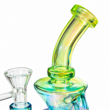 Mini Blue Green Chrome Recycler Glass Bong with Bowl & Loop Handle - 6 inch