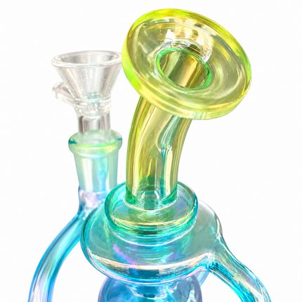 Mini Blue Green Chrome Recycler Glass Bong with Bowl & Loop Handle - 5 inch