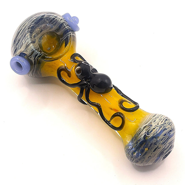 Amber Spider Glass Spoon Pipe with Marbled Ends – 5 Inch Hand Pipe Deep Bowl