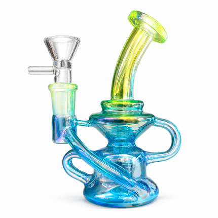 Mini Blue Green Chrome Recycler Glass Bong with Bowl & Loop Handle - 5 inch
