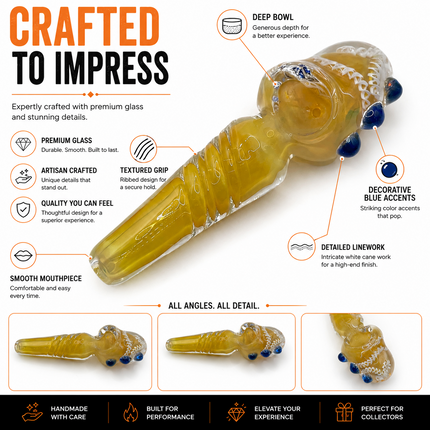 Golden Ribbon Amber Glass Spoon Pipe – 4 Inch Hand Pipe Blue Accent