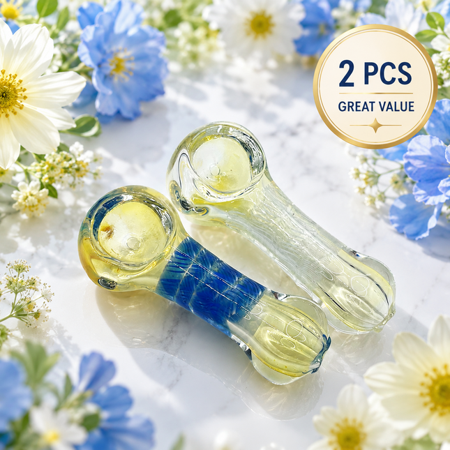 [2PC Bundle] Sapphire Frost Handcraft Glass Pipes Blue Clear 3 inches