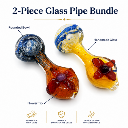 [2PC Bundle] Sunset Bloom Flower Accent Glass Hand Pipes Assorted Colors 4 Inch