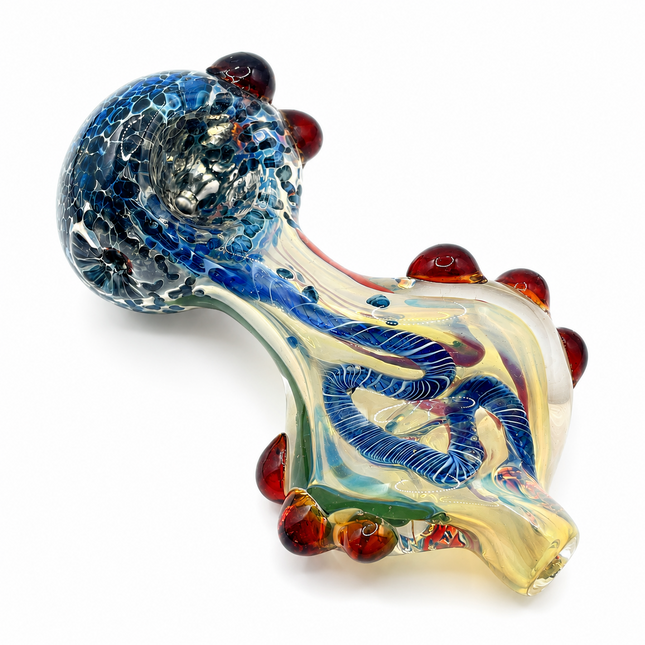 Conch Twist Body Glass Hand Pipe Sapphire Crackle Bowl Amber Accents  - 4 inch