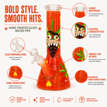 [Glow in the Dark] Goblin Face Beaker Glass Water Pipe Orange Art Glass 11 inch