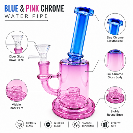 Cotton Candy Chrome Blue Pink Glass Bong Internal Perc 14mm Bowl 8.5 Inch