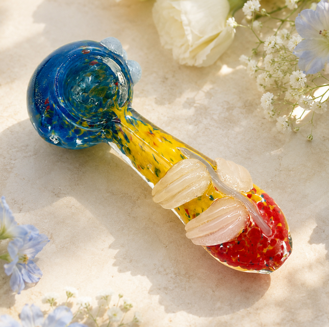 Sapphire Blue Yellow Red Confetti Glass Spoon Pipe with White Leaf - 4 inch