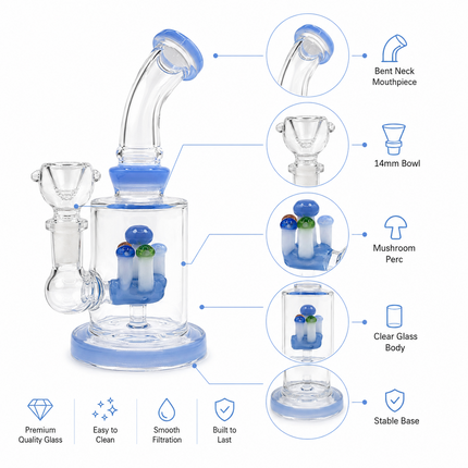 Light Blue Mushroom Garden Percolator Glass Bong – 7 In Water Pipe Gift For Her