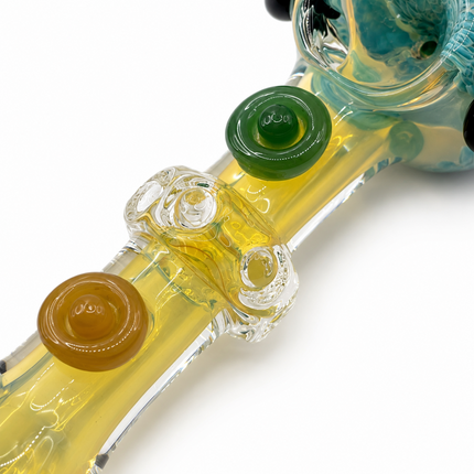 Aqua Frit Fumed Glass Spoon Pipe with Green Amber Dot Accents - 5 Inch
