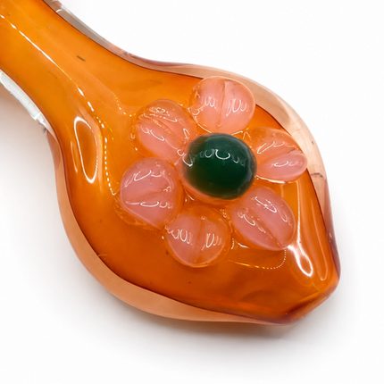 Amber Daisy Glass Spoon Pipe Pink Flower Accent 5 Inch Hand Pipe