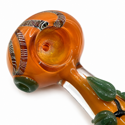 Amber Glass Spoon Pipe with Green Leaf Grips – 5 Inch Hand Pipe