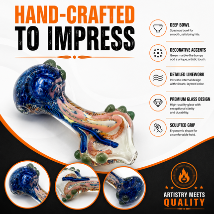 Blue Garden Swirl Glass Spoon Pipe with Green Marbles – 4 Inch Hand Pipe