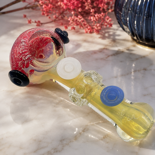 Red Blossom Fumed Glass Spoon Pipe Blue White Dot Accents 5 Inch