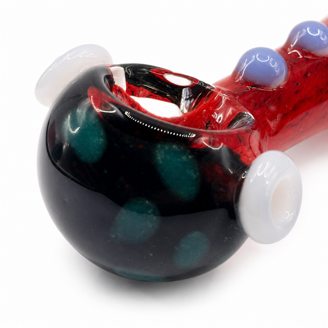 Red Frit Glass Spoon Pipe with White Marbles and Lavender Dots - 5 Inch