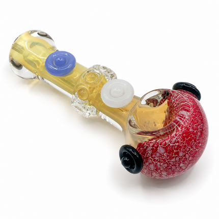 Red Blossom Fumed Glass Spoon Pipe Blue White Dot Accents 5 Inch