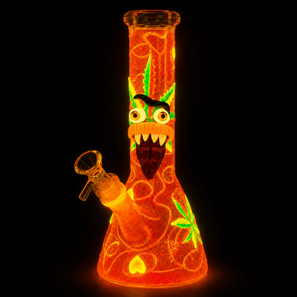 [Glow in the Dark] Goblin Face Beaker Glass Water Pipe Orange Art Glass 11 inch