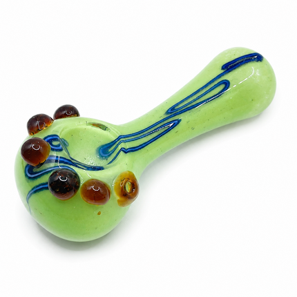 Milky Green Palm Glass Spoon Pipe with Blue Swirl & Amber Marble Accents - 4.5"