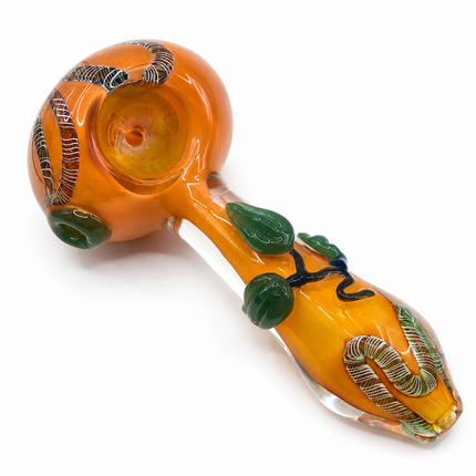 Amber Glass Spoon Pipe with Green Leaf Grips – 5 Inch Hand Pipe