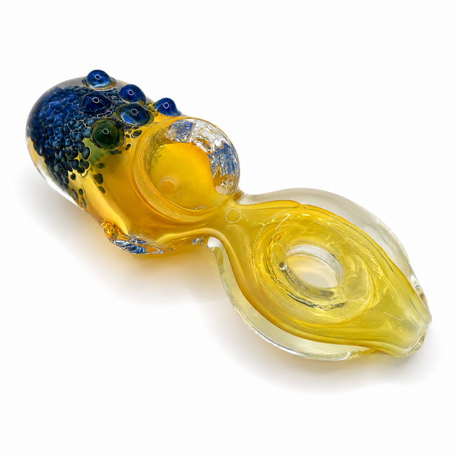 Golden Orb Glass Hand Pipe with Blue Pebble Crown – 4 Inch