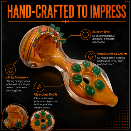 Amber Rainbow Glass Spoon Pipe Green Leaf Grips 5 Inch Hand Pipe