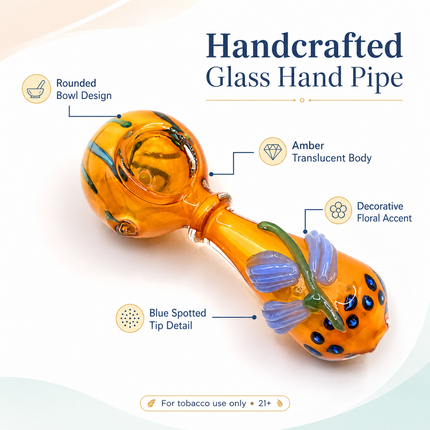 Amber Orange Pumpkin Glass Spoon Pipe with Lavender Leaf Accents - 4 inch