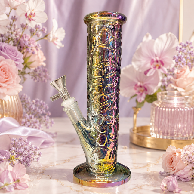 Aurora Chrome Rainbow Textured Straight Tube Glass Bong 14mm Bowl – 12 Inch