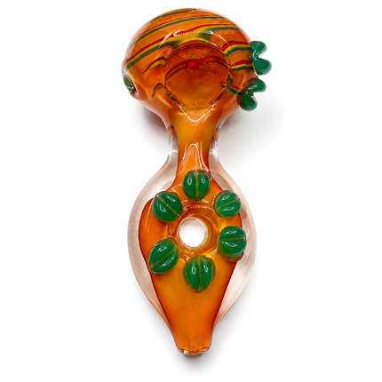Amber Rainbow Glass Spoon Pipe Green Leaf Grips 5 Inch Hand Pipe