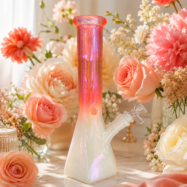 Coral Pink Chrome Hexagon Glass Water Pipe Ice Catcher 14mm Bowl 10.5 inch