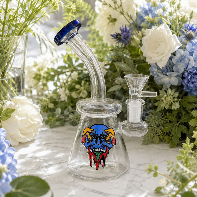 Blue Accent Skull Bubbler Tri Beaker Glass Water Pipe 14mm - 6 inch