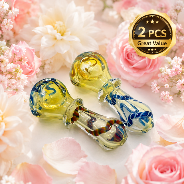 [2PC Bundle] Golden Bloom Swirl Glass Hand Pipe Set Assorted Colors