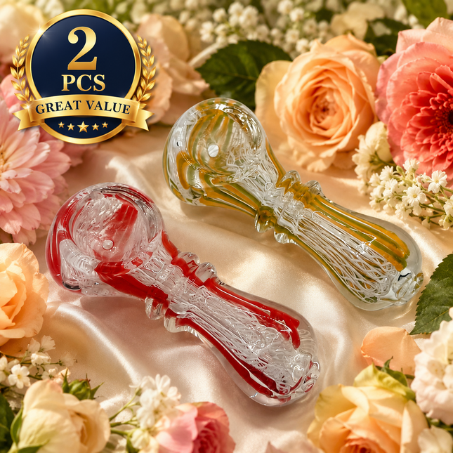 [2PC Bundle] Ruby Honey Ribbon Glass Hand Pipes Red Golden Amber 3 Inch