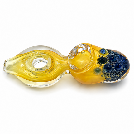 Golden Orb Glass Hand Pipe with Blue Pebble Crown – 4 Inch