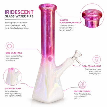 Pink White Chrome Hexagon Glass Water Pipe Ice Catcher 14mm Bowl 10.5 inch
