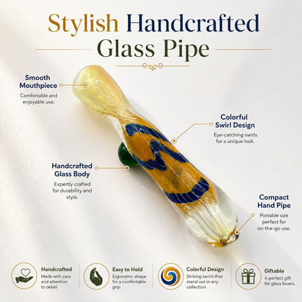 Golden Navy Handcraft Glass Chillum Pipe Amber Blue Wave 3~3.5 inch