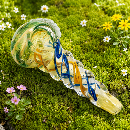 Meadow Ribbon Grip Glass Spoon Pipe 4 Inch Green Blue Yellow Hand Pipe
