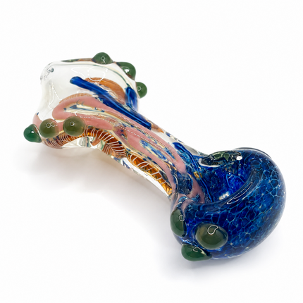 Blue Garden Swirl Glass Spoon Pipe with Green Marbles – 4 Inch Hand Pipe
