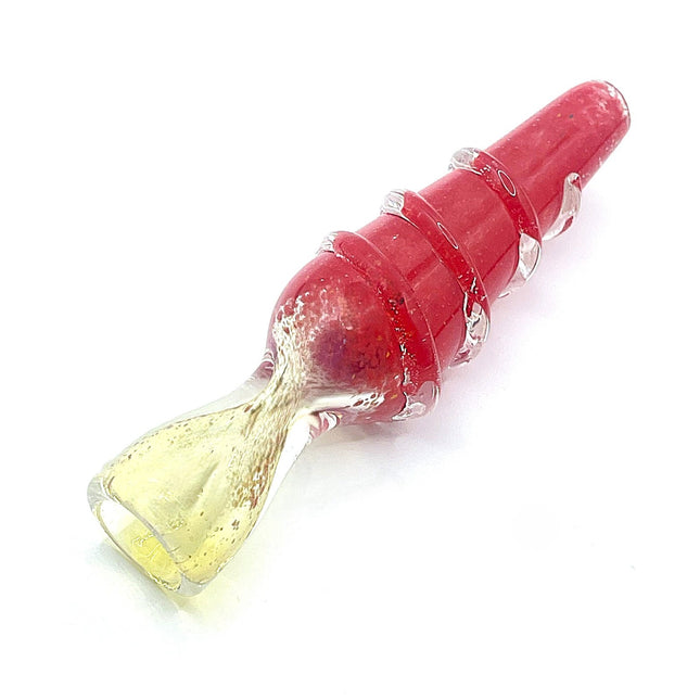 Ruby Red Ribbed Glass Chillum Pipe with Pale Mouthpiece – 3 Inch Pocket Size