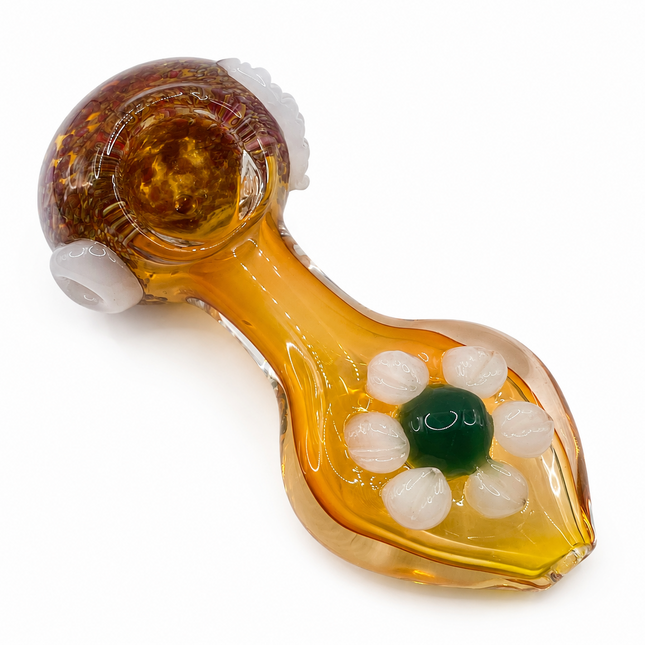 Amber Daisy Glass Spoon Pipe with White Petal Accent - 5 Inch