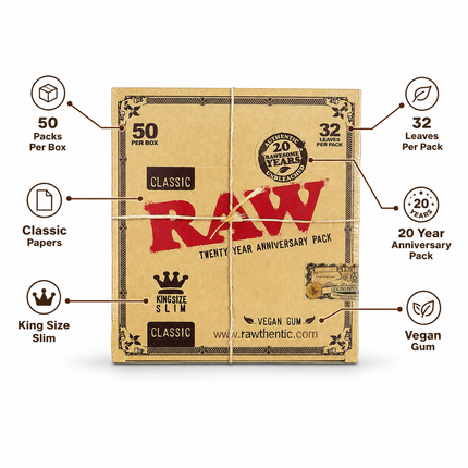 50 Packs RAW King Size Slim Classic Papers Box, 32 Leaves Per Pack