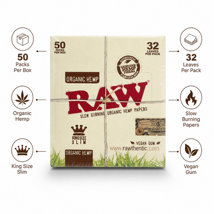 50 Packs RAW Organic Hemp King Size Slim Papers Box, 32 Leaves Per Pack