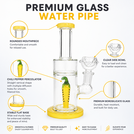 Yellow Pepper Straight Tube Glass Water Pipe 14mm 6.5 inch