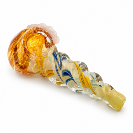 Topaz Blue Conch Twist Glass Spoon Pipe with White Marble Accents - 4 inch