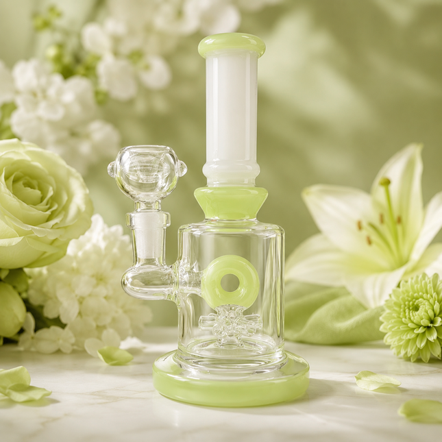 Milky Green Bottle Glass Bong with Donut Percolator & Bowl - 7.5 inch