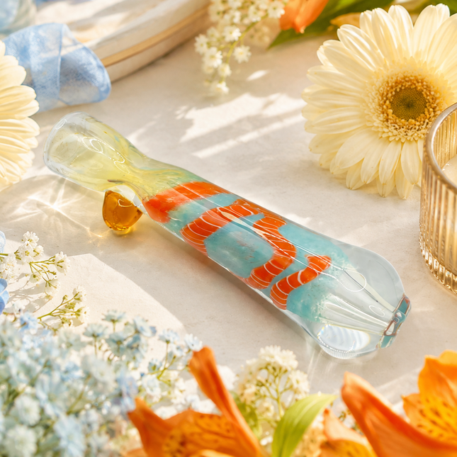 Coral Breeze Handcraft Glass Chillum Pipe Clear Aqua Orange 3~3.5 inch