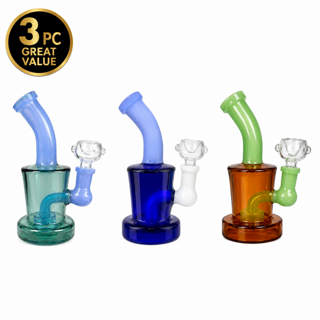 [3PC Bundle] Teal Blue Amber Green Disc Perc Water Pipe 14mm 6 Inches